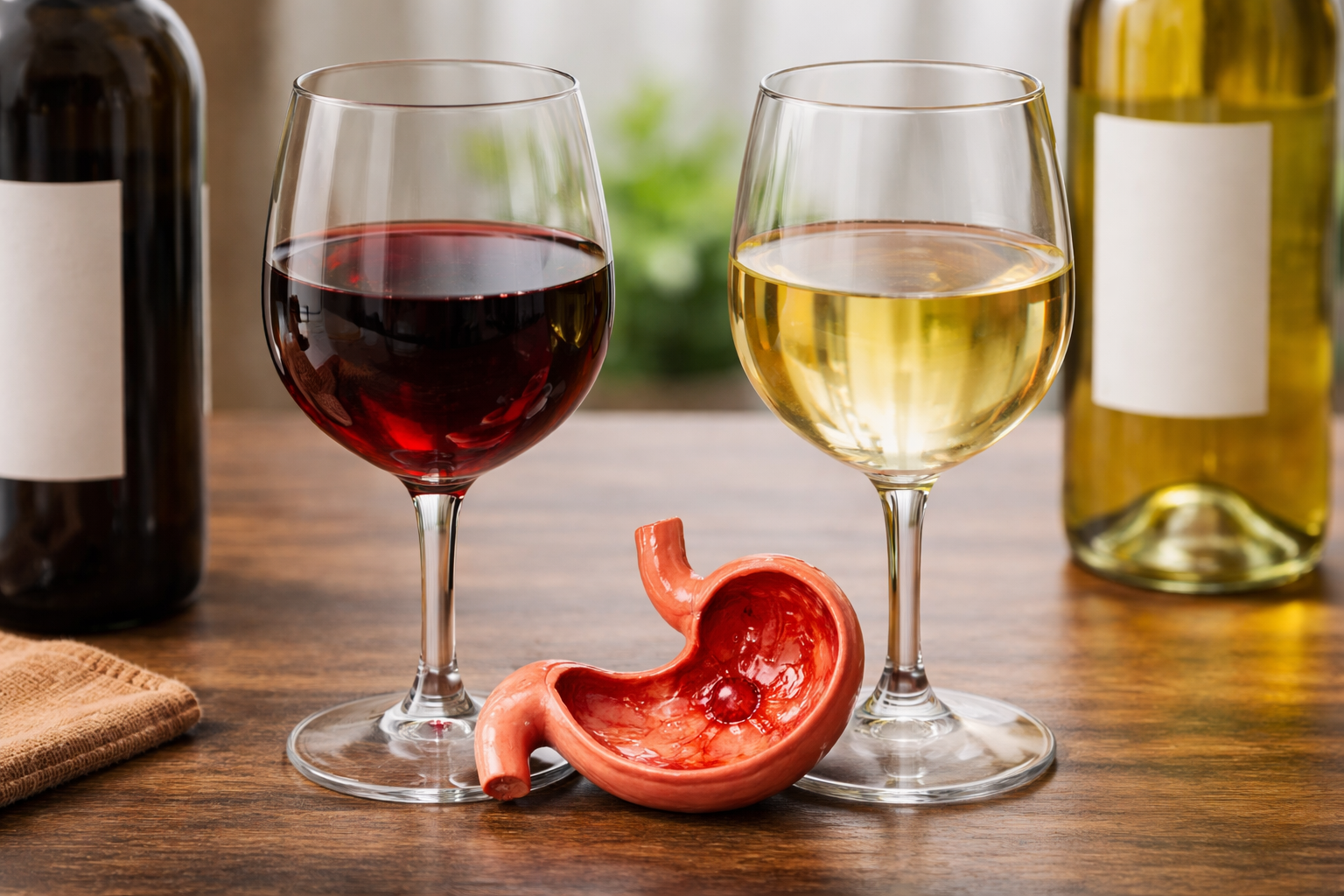 Best Wine for Ulcers? 5 Safe Rules Before You Drink 2 Comparison of red wine, white wine, and low-acid wine with a note that none is a reliable ulcer-safe option