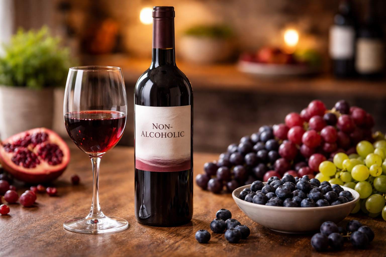 Best Wine for the Heart: 7 Smart Rules Before You Pour 4 A glass of non-alcoholic red wine with red grapes and blueberries