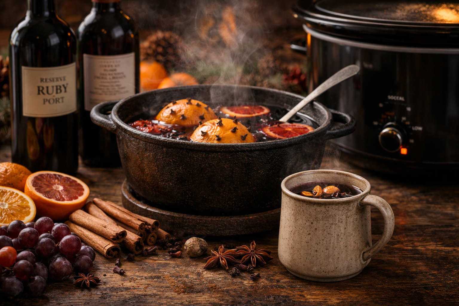 Small mug-sized test batch of Smoking Bishop warming gently beside the main pot
