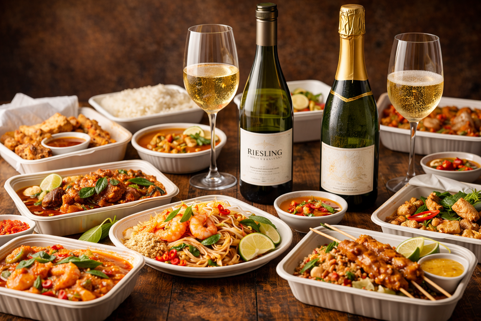 Best Wine for Thai Food: 7 Smart Pairing Rules That Work 4 Mixed Thai takeout spread with Riesling, sparkling wine, and different shared dishes on a table