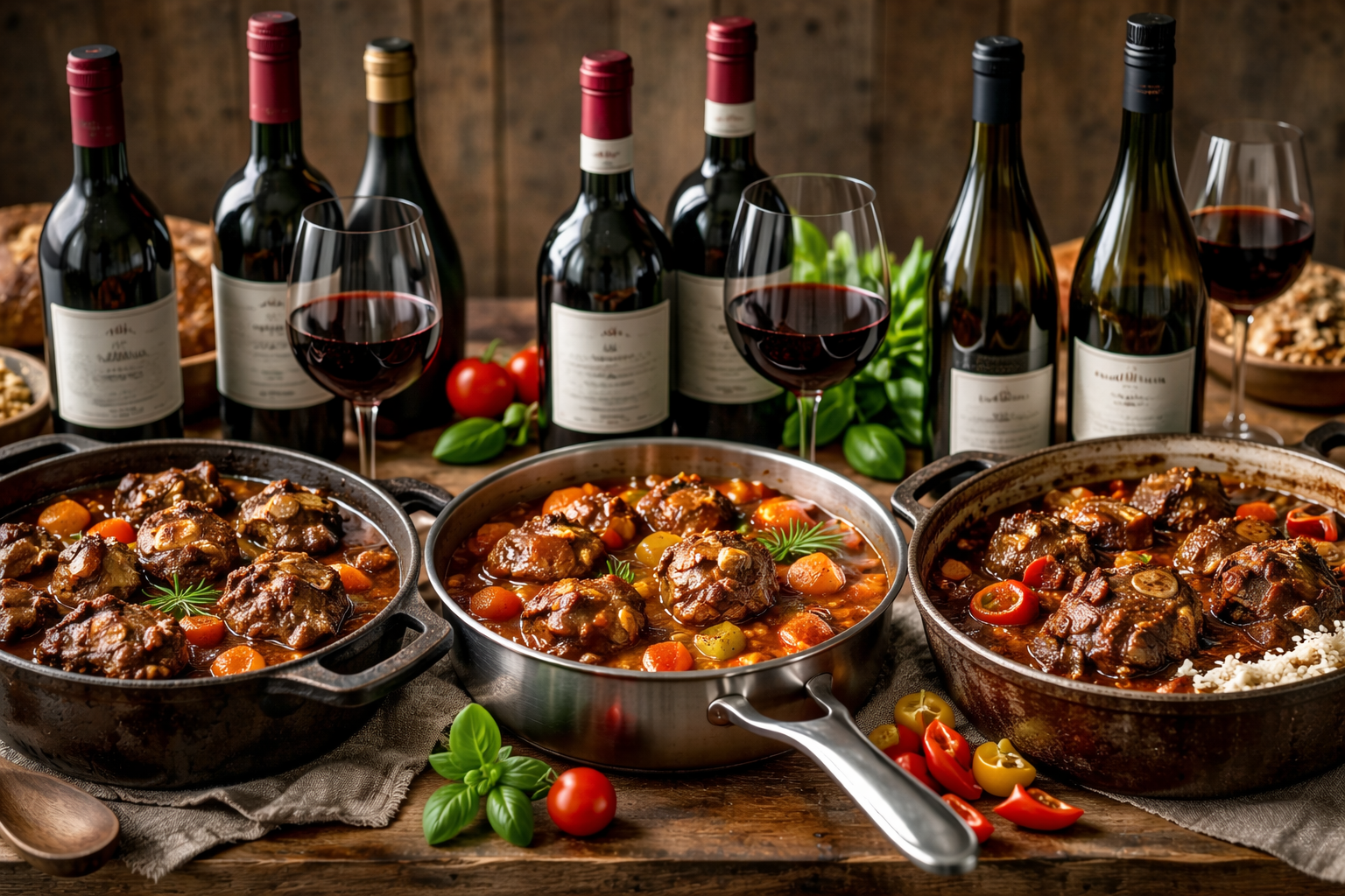 Three styles of oxtail stew side by side with matching wine glasses for classic, tomato-based, and spicy versions