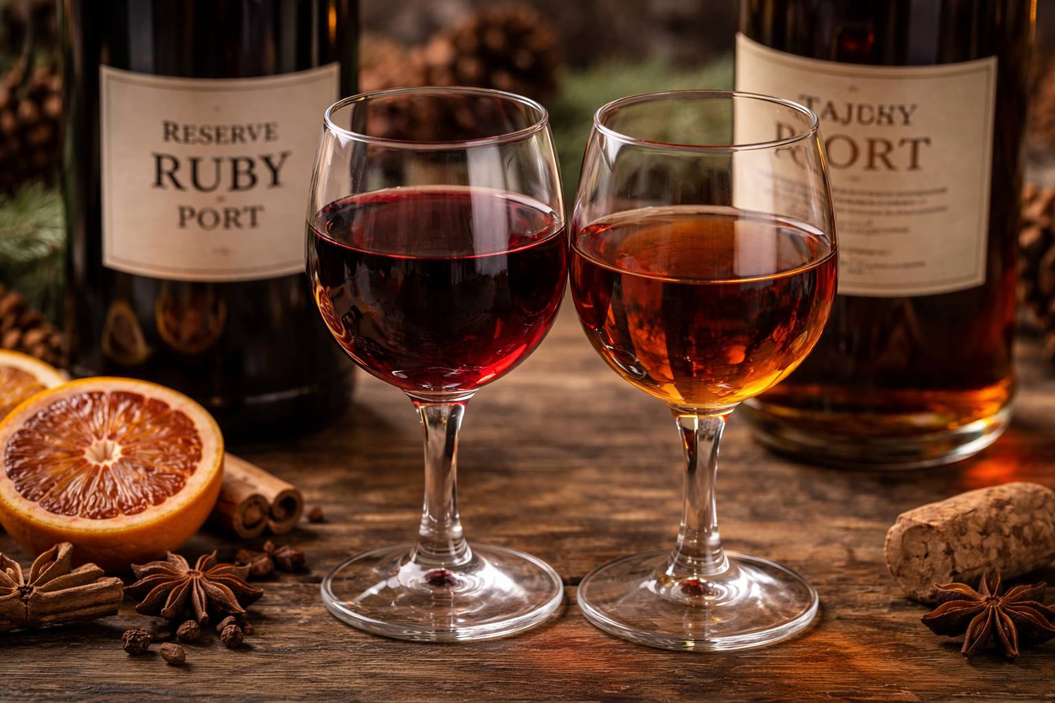 Side-by-side glasses of ruby Port and tawny Port with bottles behind them