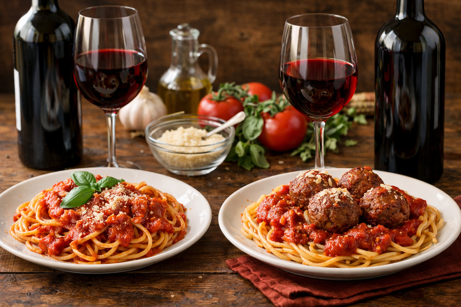 Chianti and Barbera with spaghetti marinara and meatballs on a table