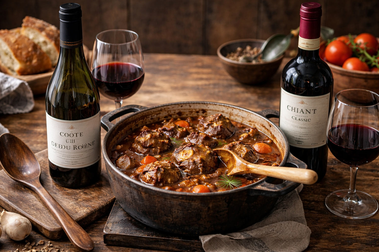 Oxtail stew simmering with a simple cooking wine beside a better matching bottle ready for serving