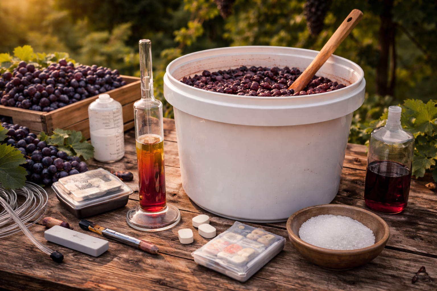 Crushed grape must in a fermenting bucket with a hydrometer, Campden tablets, and measuring tools