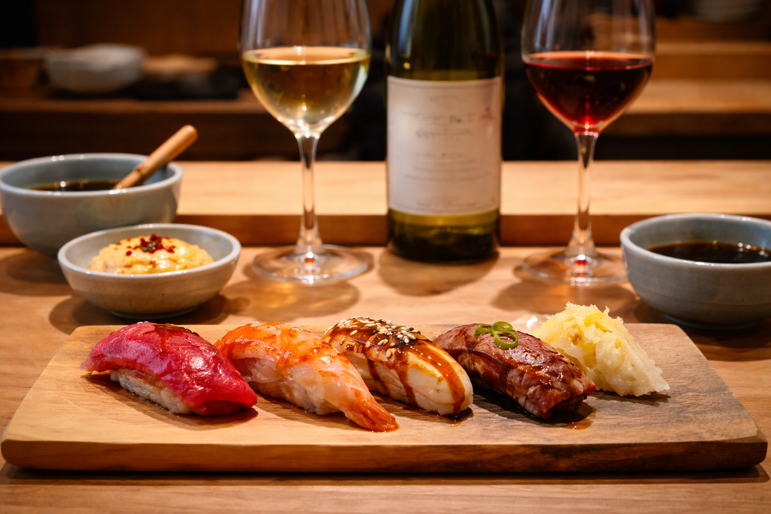 Omakase setting with soy sauce, eel sauce, spicy mayo, and properly served wine glasses