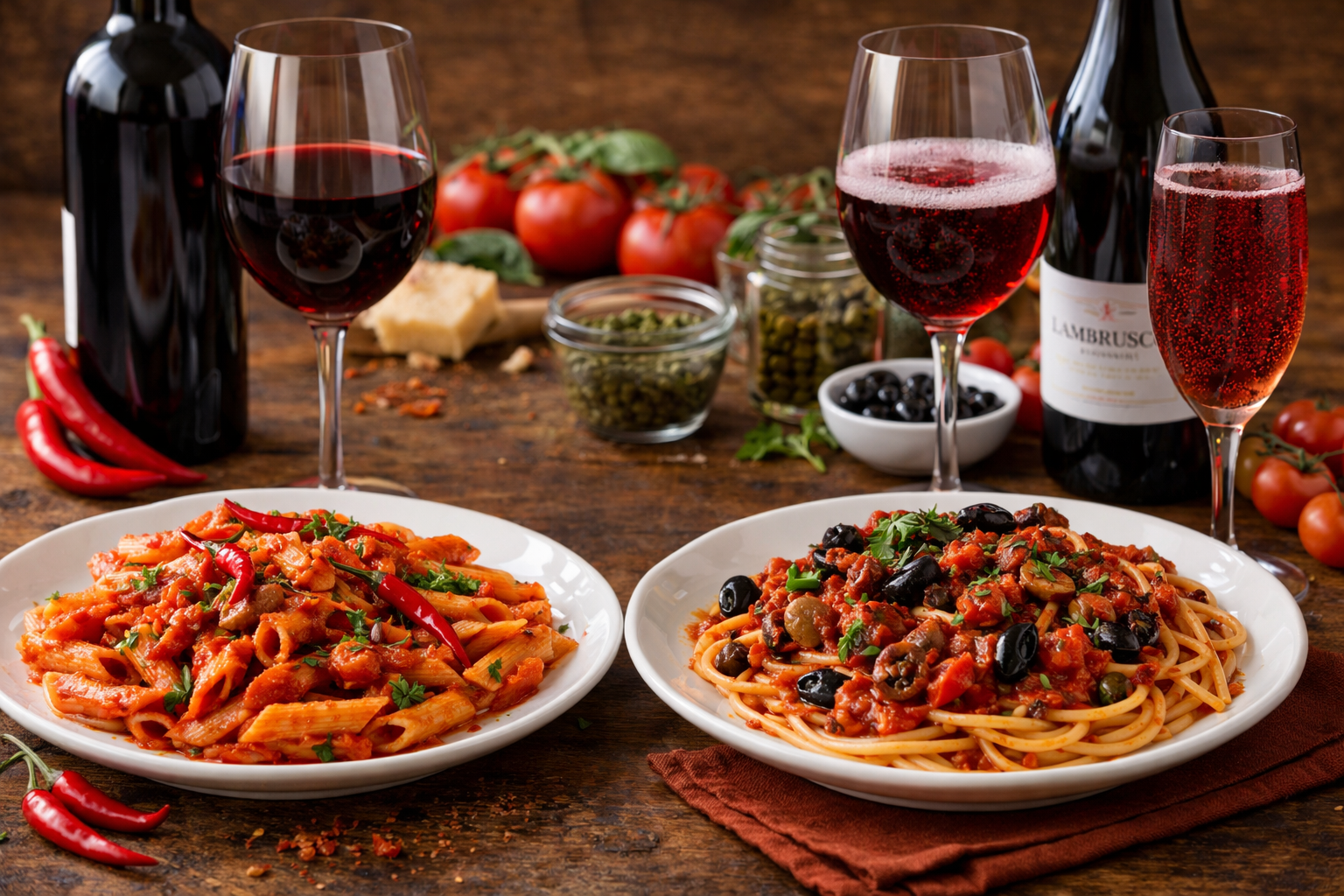 Arrabbiata and puttanesca sauces with matching lighter red wine options