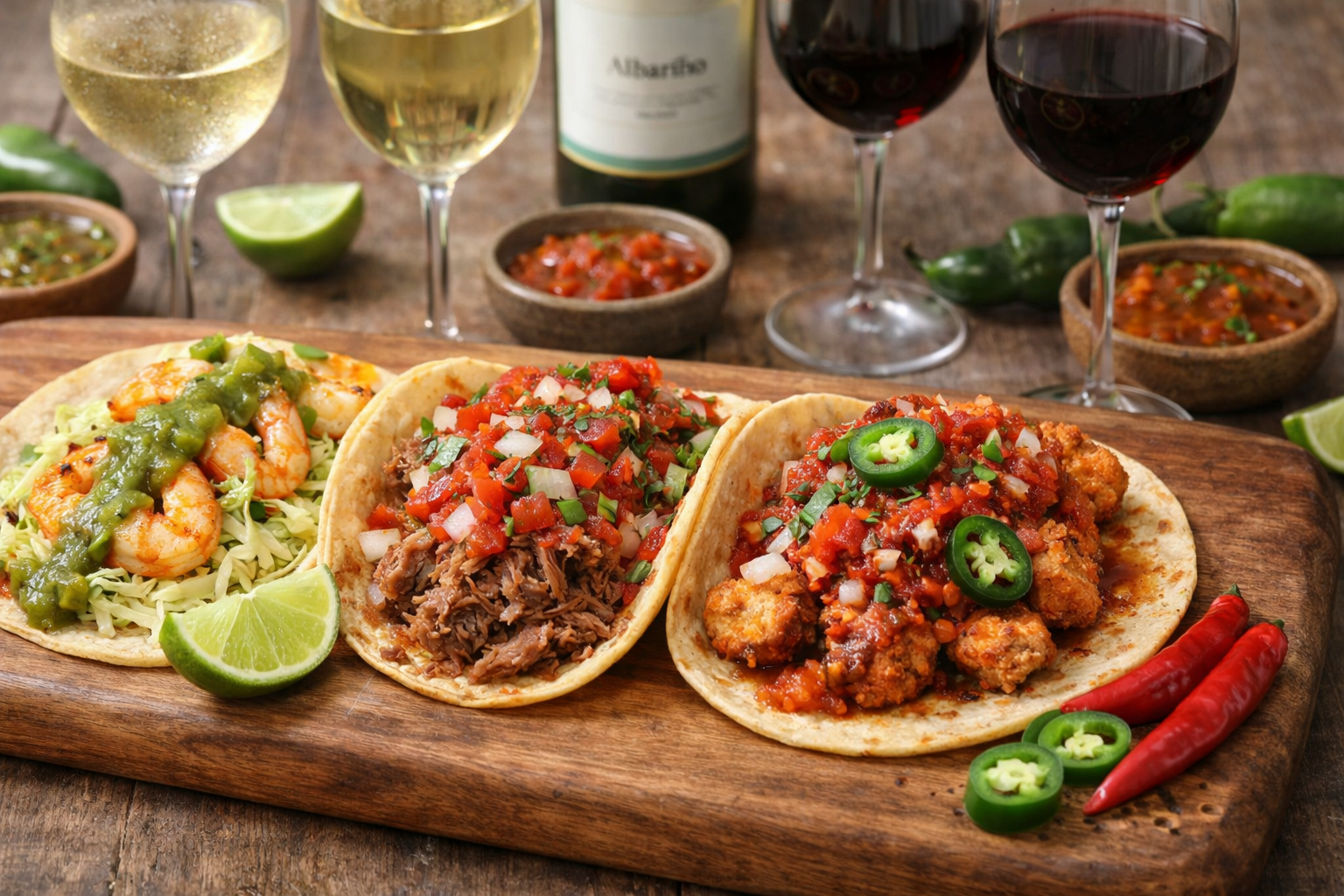 Best Wine for Tacos: 9 Smart Pairings That Actually Work 3 Close-up of tacos with salsa verde, salsa roja, lime, avocado, and chiles beside different wine glasses