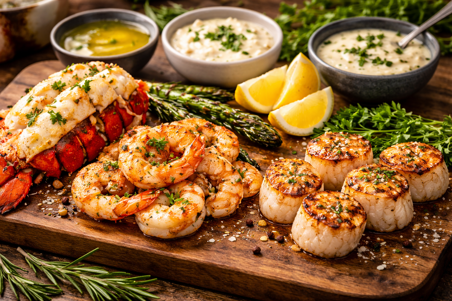 Best Wine for Surf and Turf: 5 Smart Styles That Actually Work 3 Lobster, shrimp, scallops, and common surf and turf sauces on one board