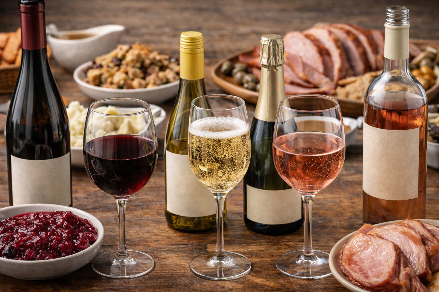 8 Best Wines for Thanksgiving That Actually Work With the Whole Plate 4 Thanksgiving foods like cranberry sauce, stuffing, gravy, and ham paired with different wine styles