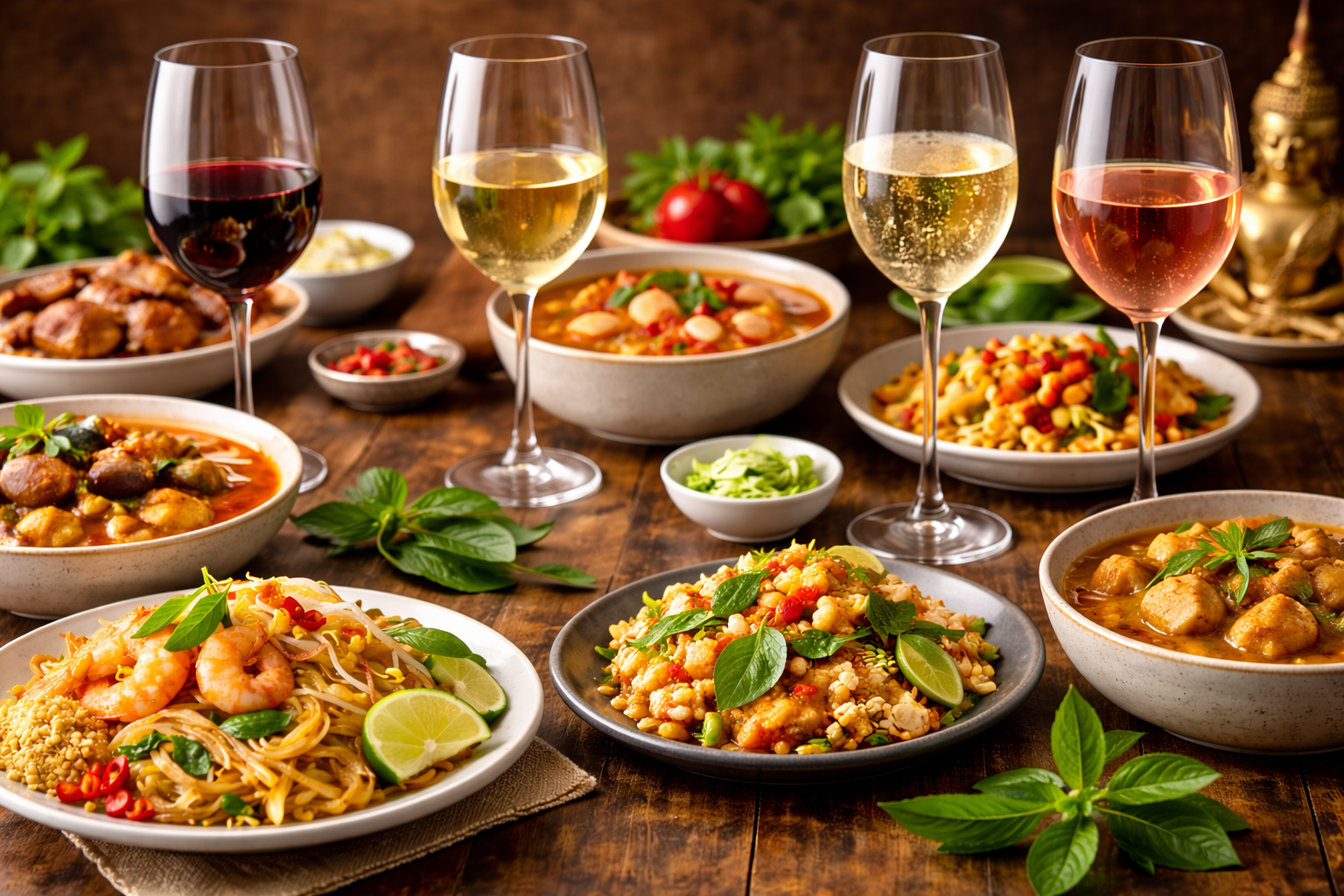 Best Wine for Thai Food: 7 Smart Pairing Rules That Work 3 Thai dishes like pad Thai, green curry, tom yum, and larb matched with different wine glasses