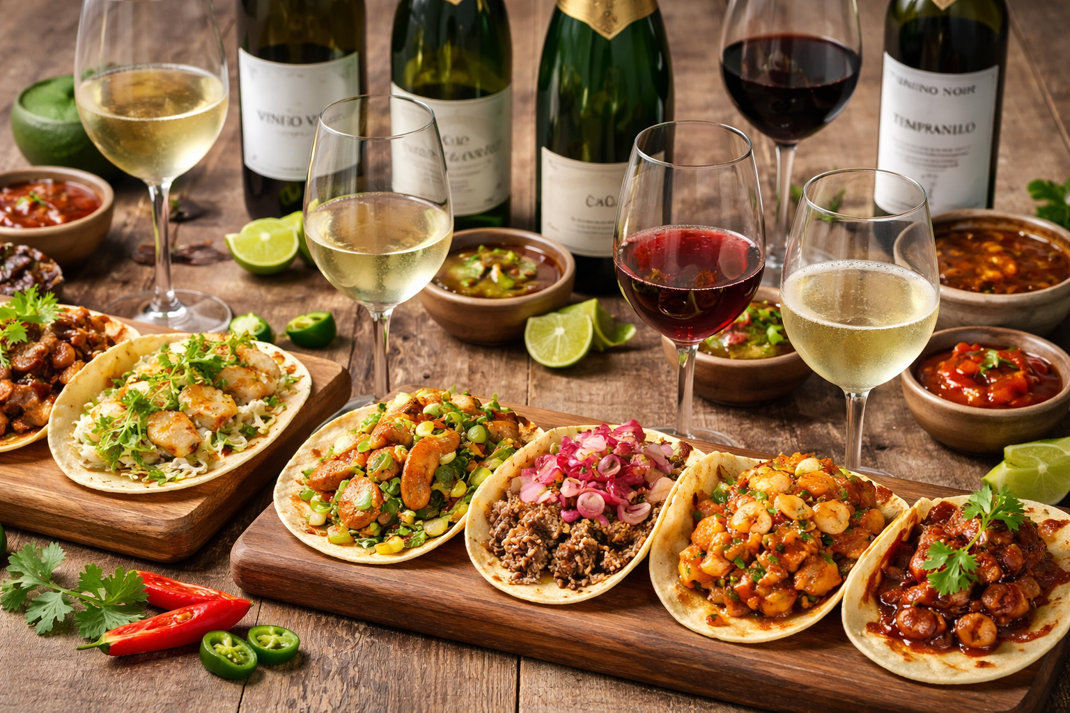 Best Wine for Tacos: 9 Smart Pairings That Actually Work 2 Comparison image of fish, carnitas, al pastor, carne asada, and vegetarian tacos with paired wine styles