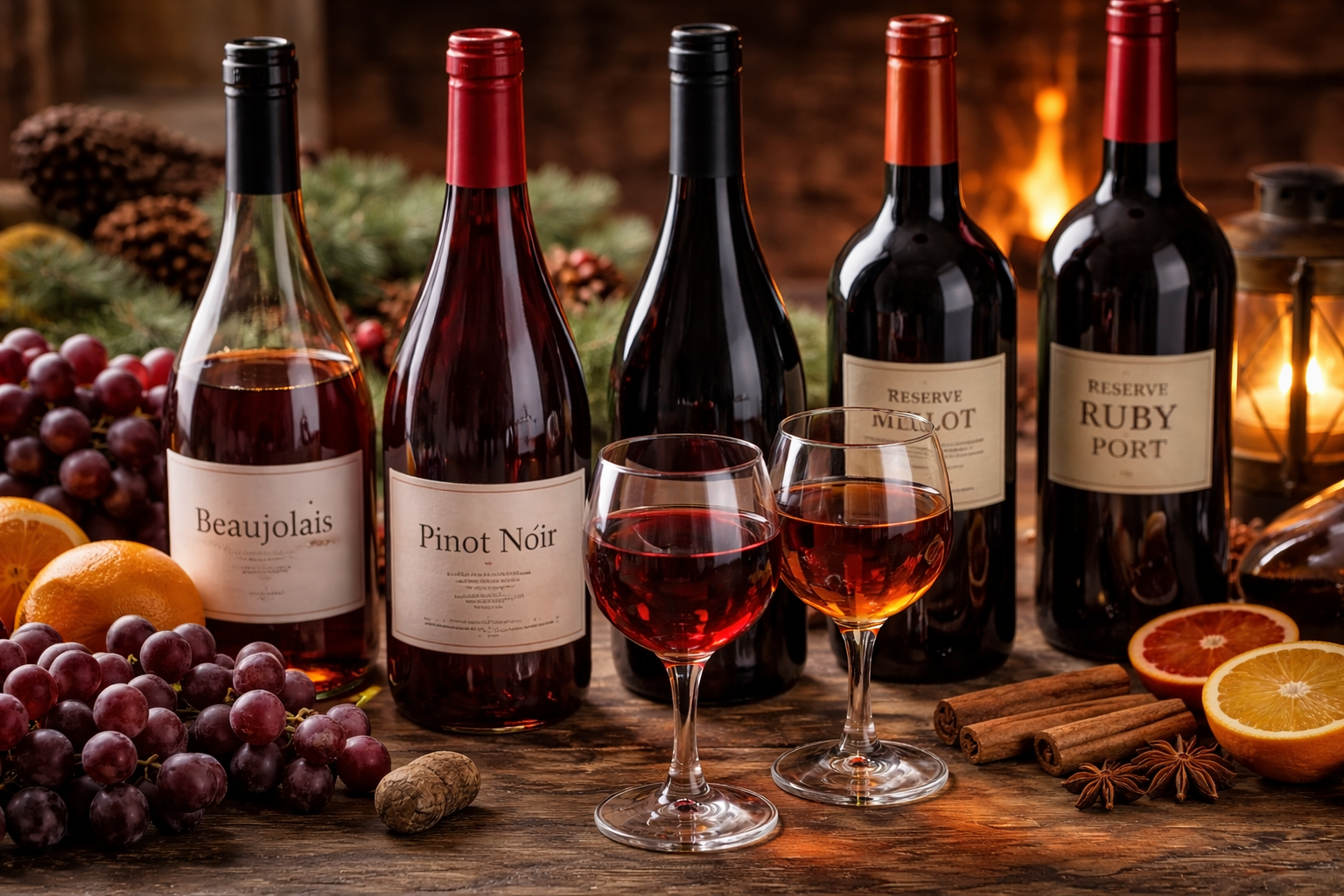 Soft fruit-forward red wine options next to a bottle of ruby Port for Smoking Bishop