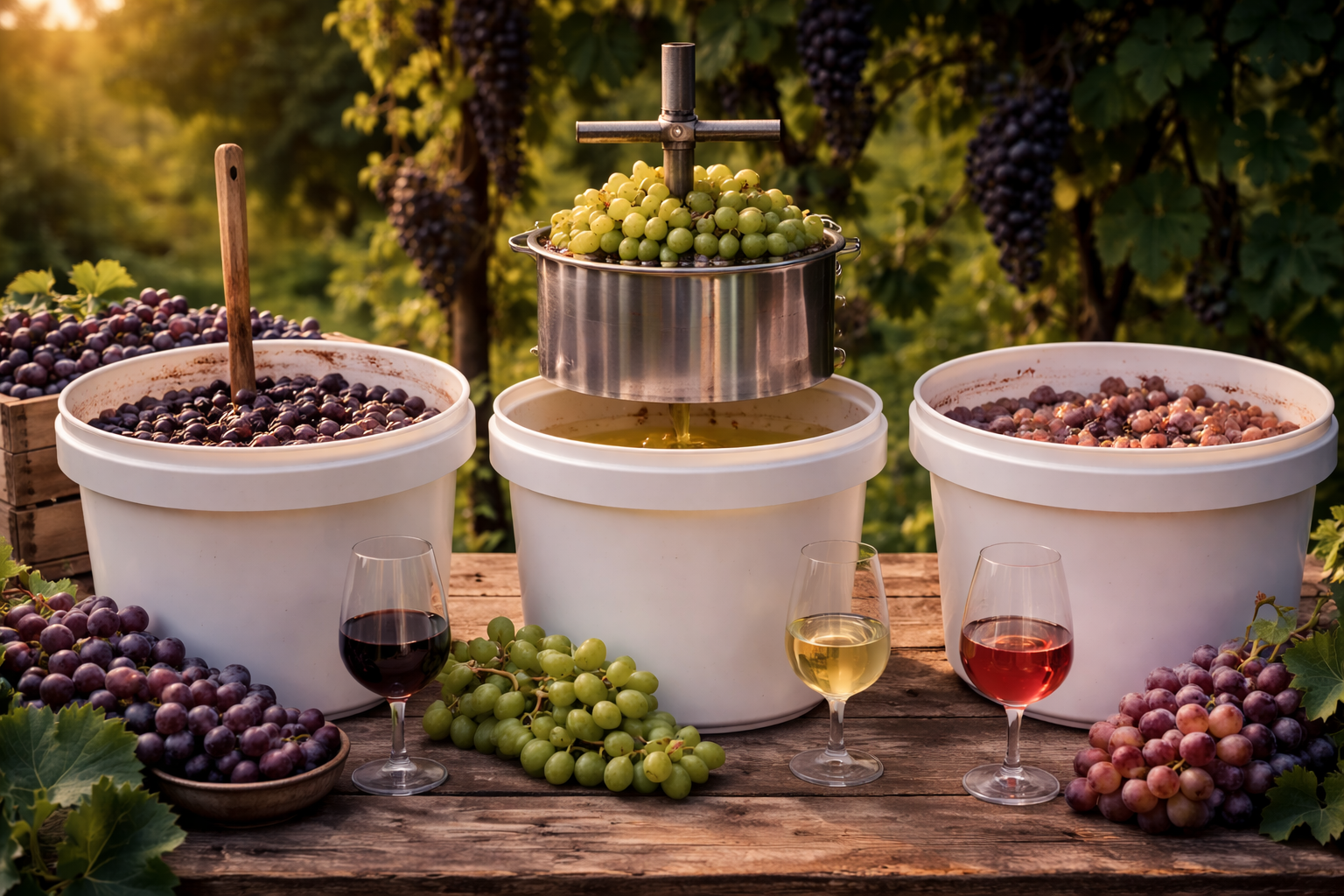 Comparison of red, white, and rose grape winemaking with skin contact and pressed juice shown side by side