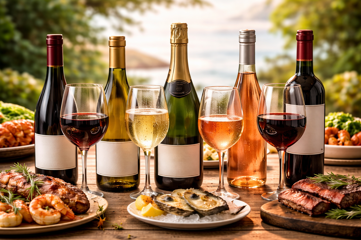 Best Wine for Surf and Turf: 5 Smart Styles That Actually Work 1 Five wine styles for surf and turf shown side by side with pairing cues