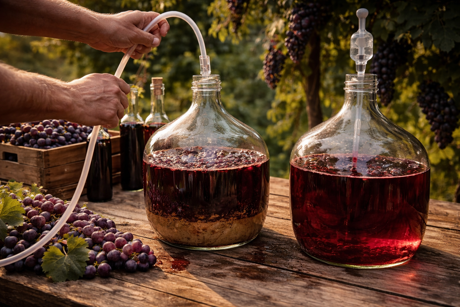 Home winemaker siphoning young wine from one carboy to another with minimal headspace and visible lees left behind