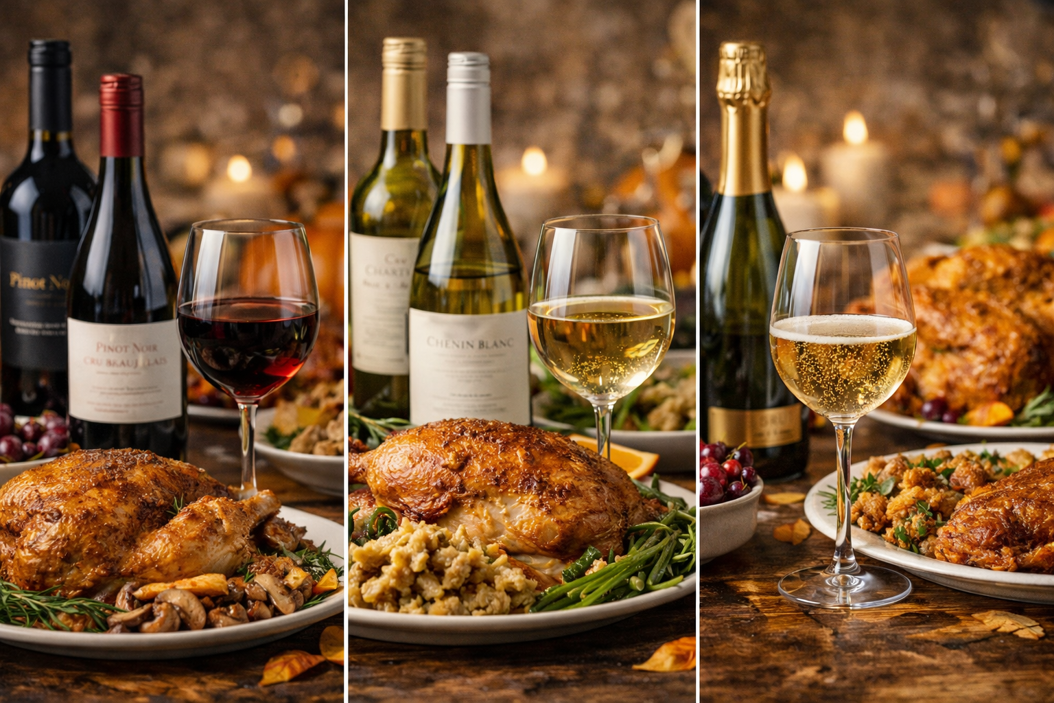 Best Wine for Turkey: 8 Smart Styles for the Whole Plate 1 Comparison image of red, white, and sparkling wine options with roast turkey dinner