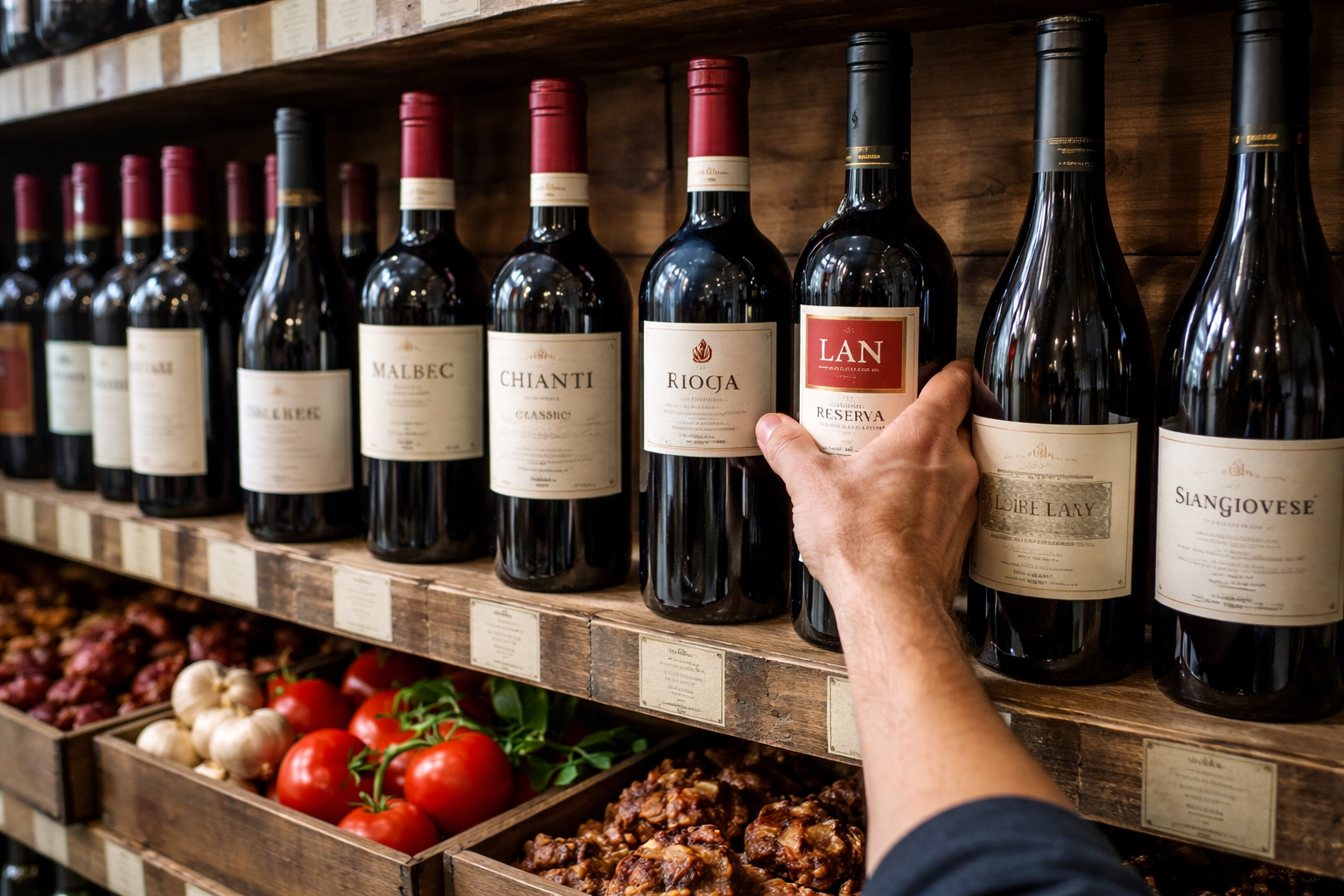 Wine shop shelf with food-friendly red wines suitable for oxtail stew highlighted visually