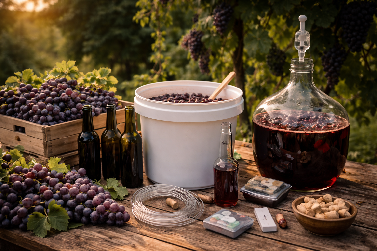 Fresh wine grapes beside a small-batch home winemaking setup with bucket, carboy, airlock, and hydrometer