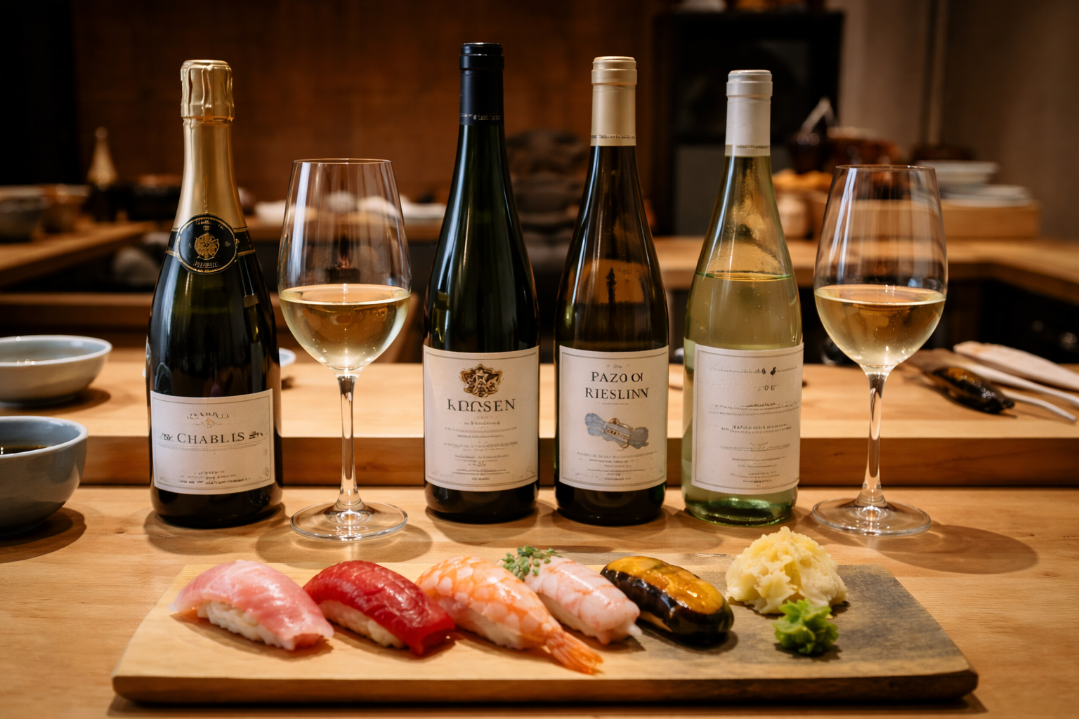 Sparkling wine and crisp white wines suitable for omakase on a sushi counter