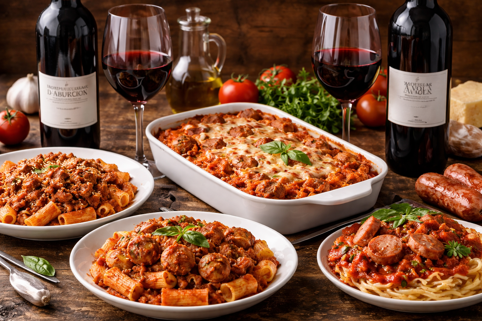 Baked pasta and sausage ragù served with medium-bodied red wine
