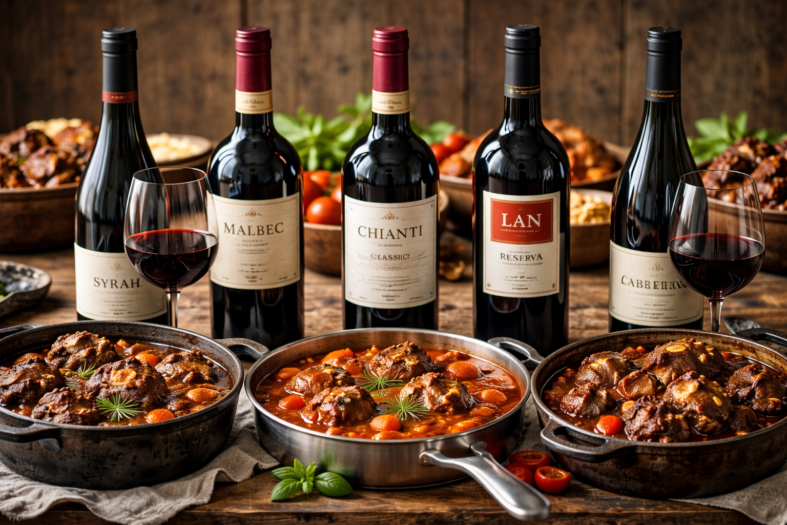 Five red wine styles for oxtail stew shown side by side with distinct color and body differences