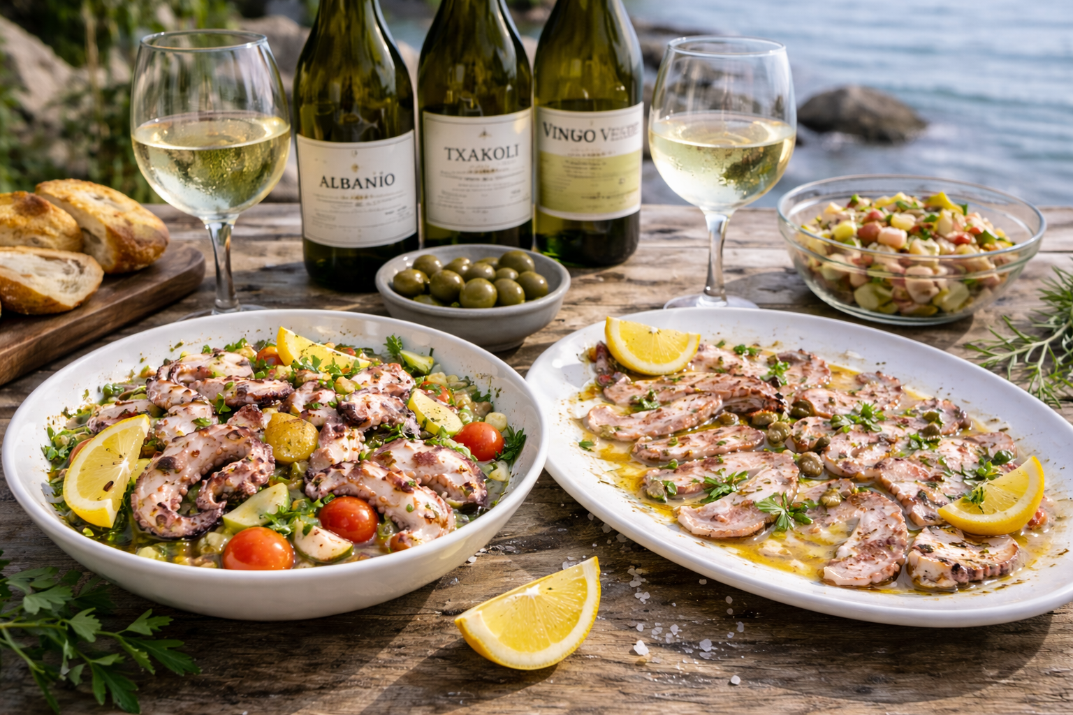 Best Wine for Octopus: 8 Smart Pairing Rules That Work 2 Cold octopus salad and carpaccio served with citrus, herbs, and a crisp white wine