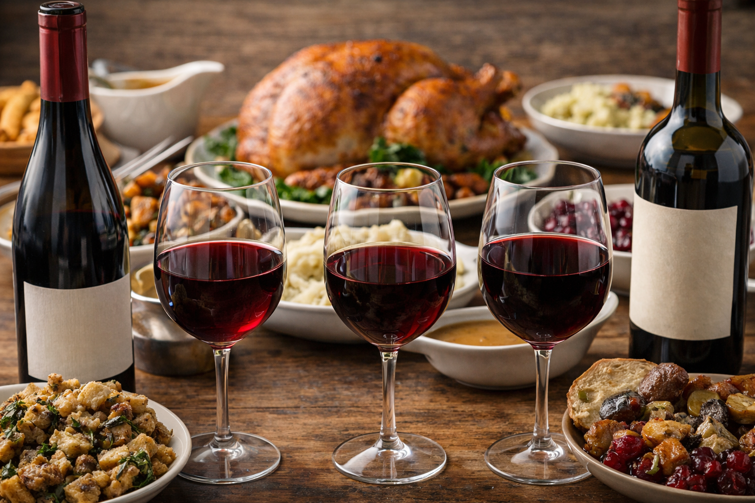 8 Best Wines for Thanksgiving That Actually Work With the Whole Plate 2 Pinot Noir and Beaujolais bottles with Thanksgiving dishes on a holiday table