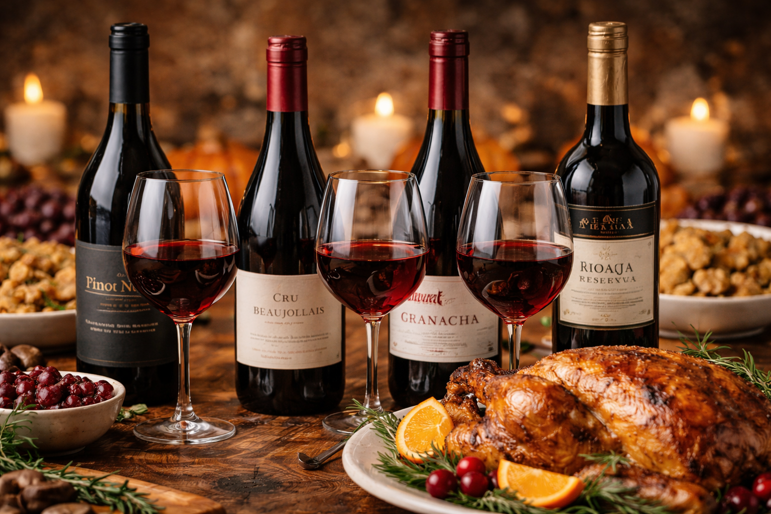 Best Wine for Turkey: 8 Smart Styles for the Whole Plate 2 Pinot Noir, Cru Beaujolais, Grenache, and Rioja bottles beside roast turkey