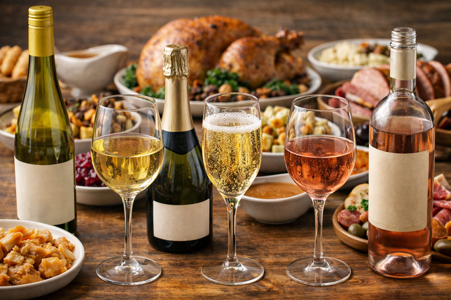 8 Best Wines for Thanksgiving That Actually Work With the Whole Plate 3 Riesling, sparkling wine, and rose served beside Thanksgiving side dishes