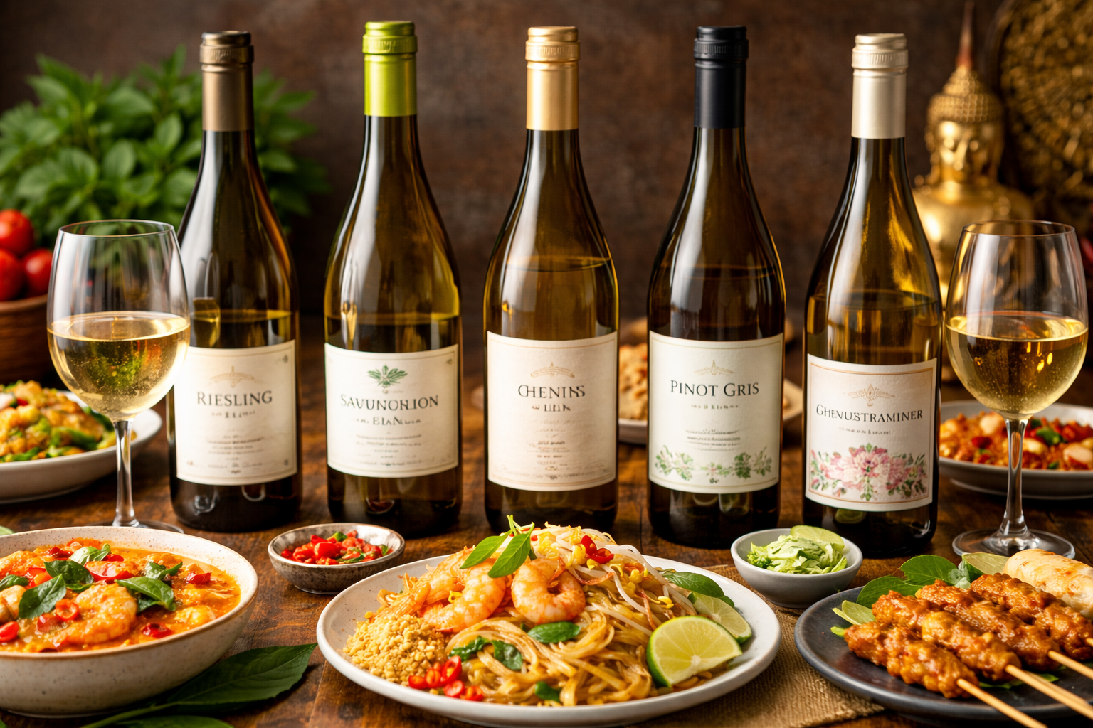 Best Wine for Thai Food: 7 Smart Pairing Rules That Work 1 Lineup of Riesling, Sauvignon Blanc, Chenin Blanc, Pinot Gris, and Gewurztraminer with Thai dishes