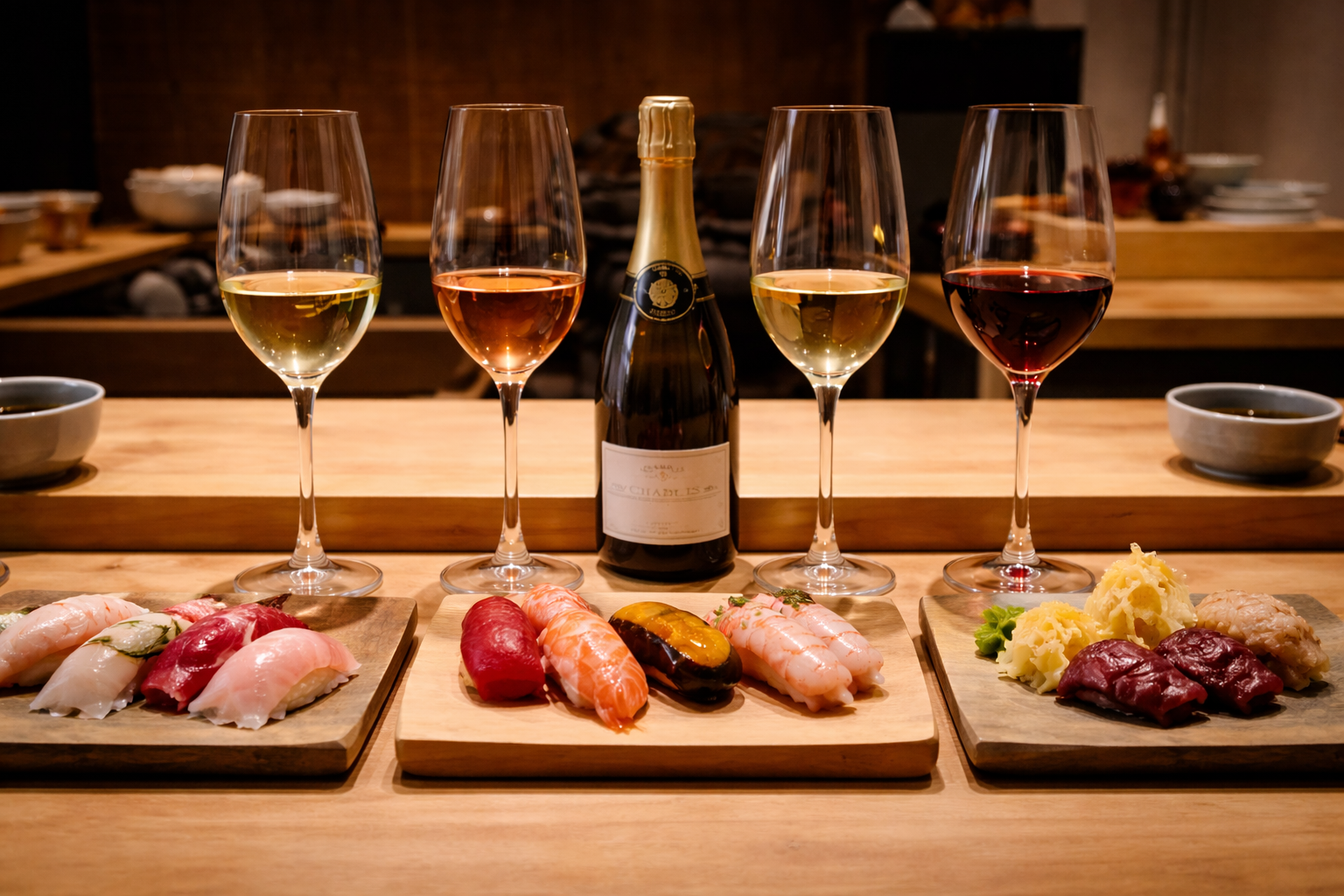 Omakase courses including lean fish, toro, uni, tempura, and wagyu arranged side by side