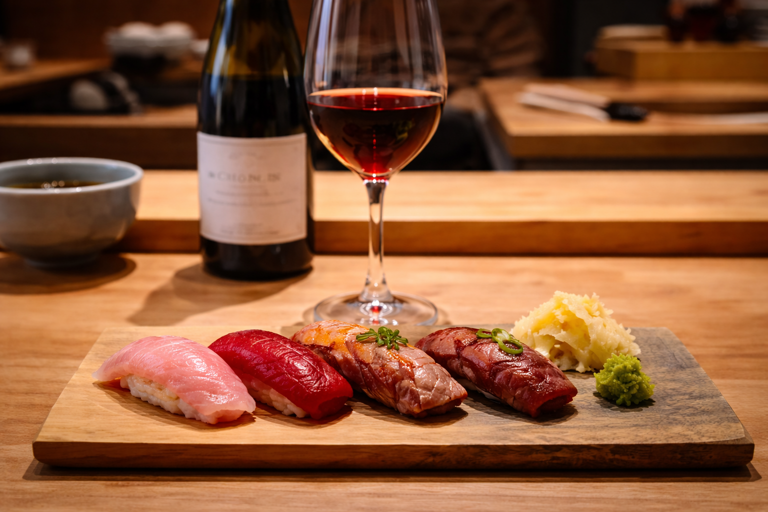 Light red wine with richer omakase bites such as toro and wagyu nigiri