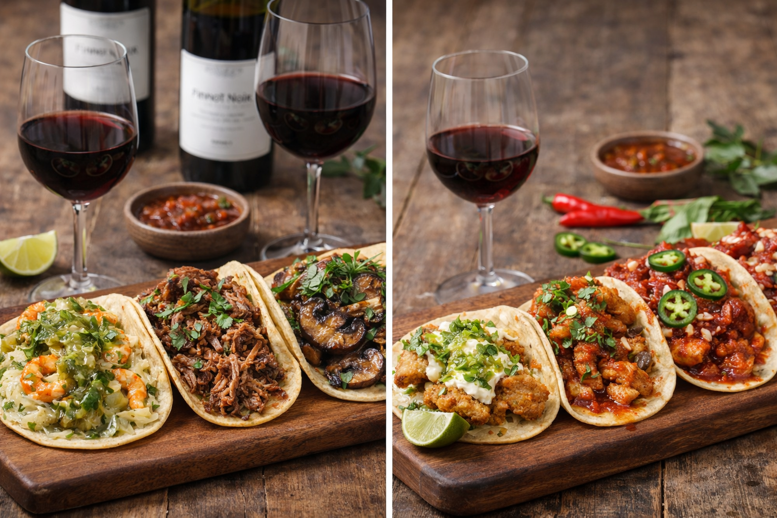 Best Wine for Tacos: 9 Smart Pairings That Actually Work 4 Split image showing red wine paired with carne asada versus spicy fried tacos where red wine clashes