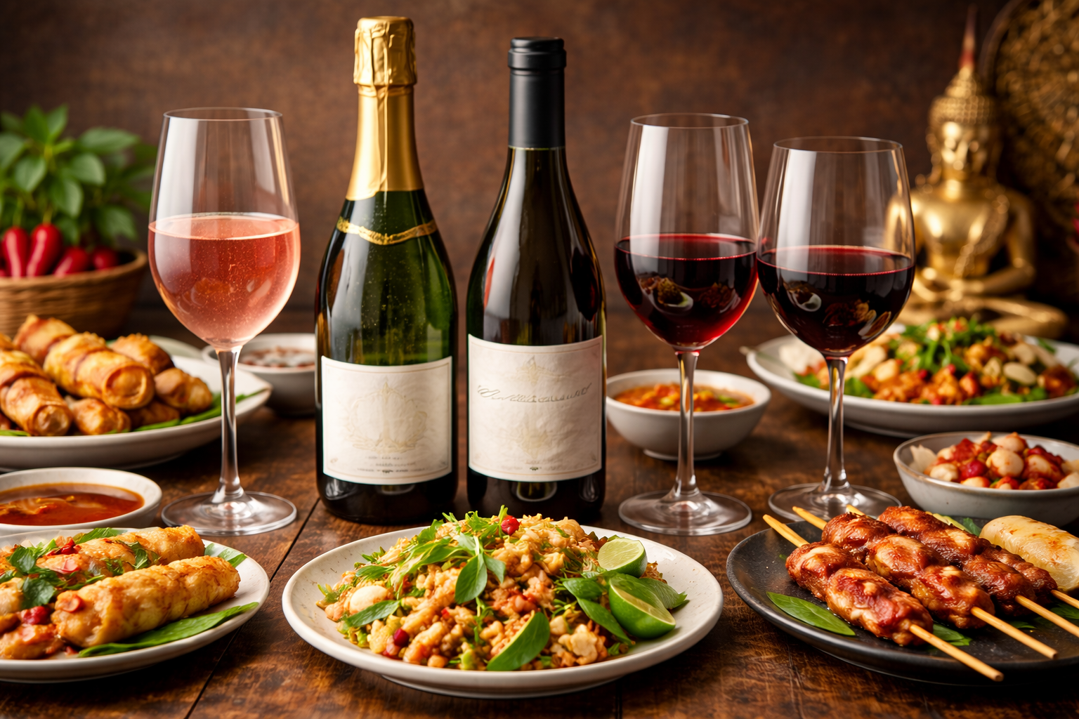 Best Wine for Thai Food: 7 Smart Pairing Rules That Work 2 Rose, sparkling wine, and light red wine served beside Thai appetizers and grilled dishes