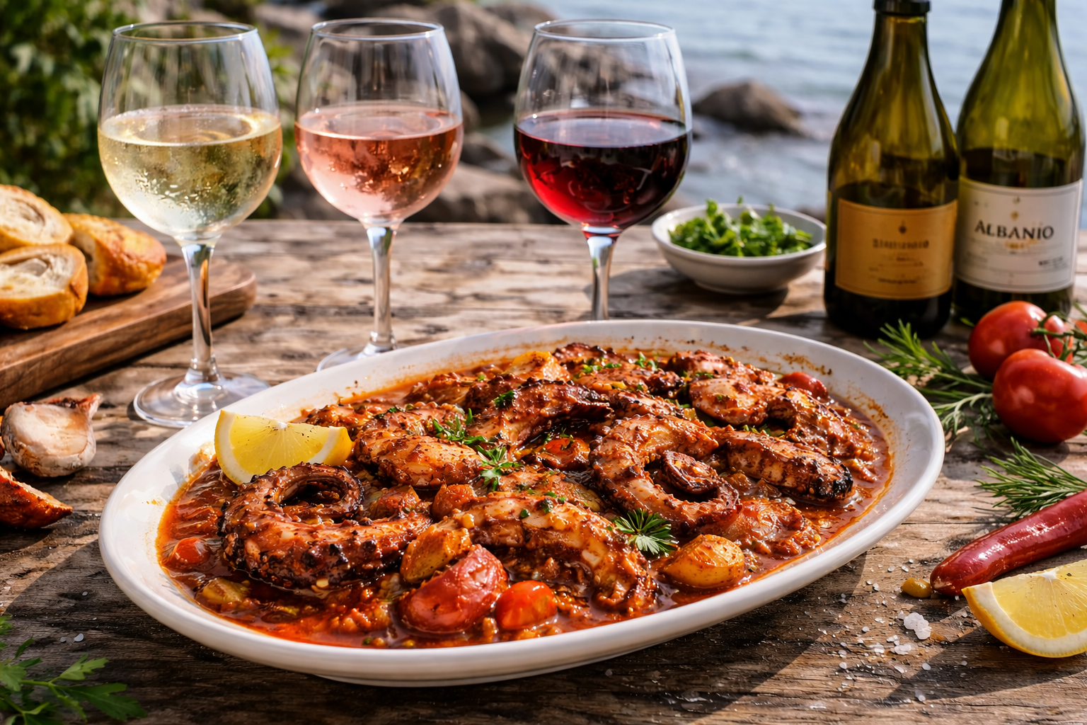 Best Wine for Octopus: 8 Smart Pairing Rules That Work 3 Octopus in tomato and paprika sauce with rosé, sparkling wine, and a light red wine