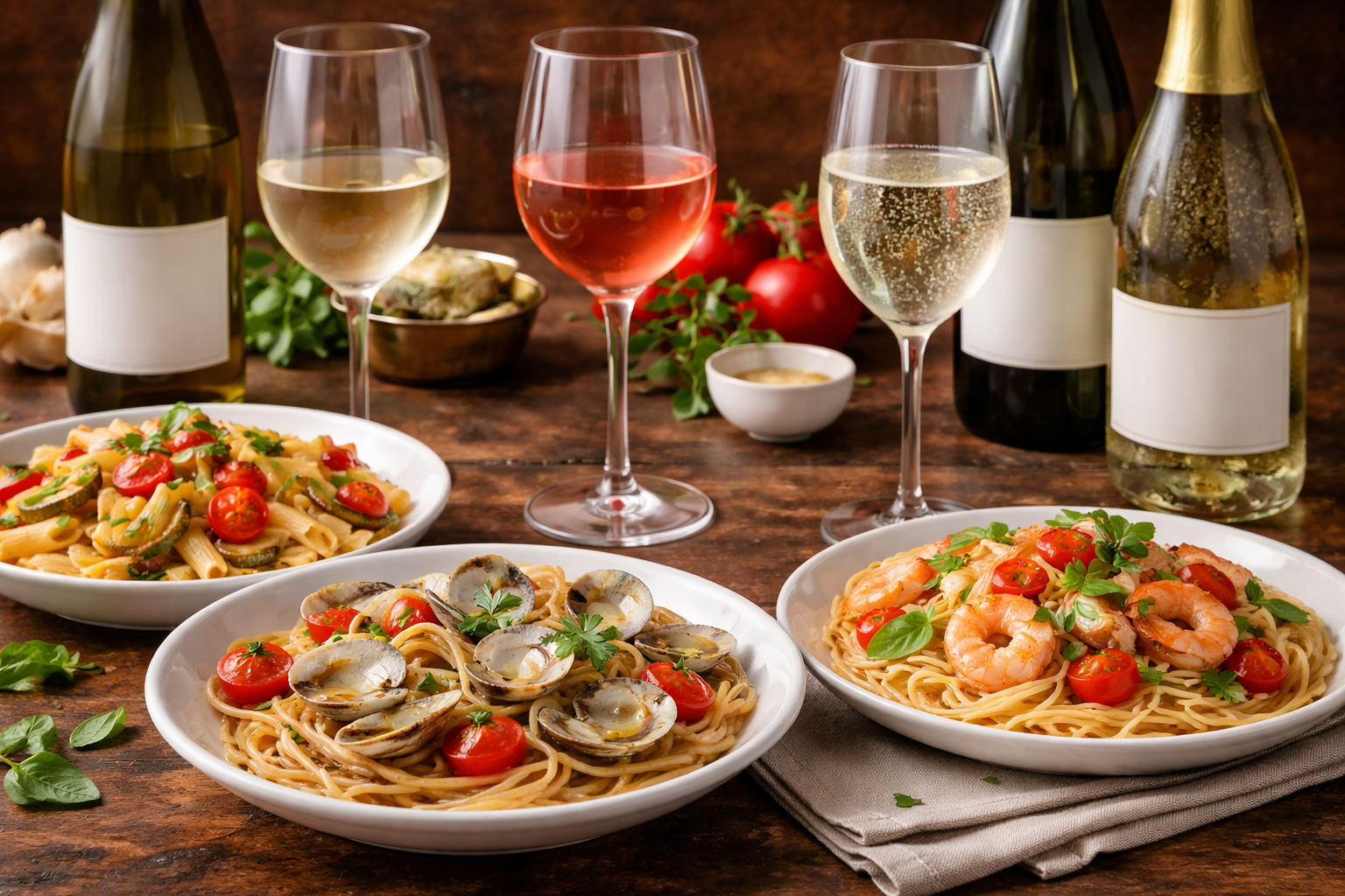 Seafood tomato pasta paired with white wine, rosé, and sparkling wine