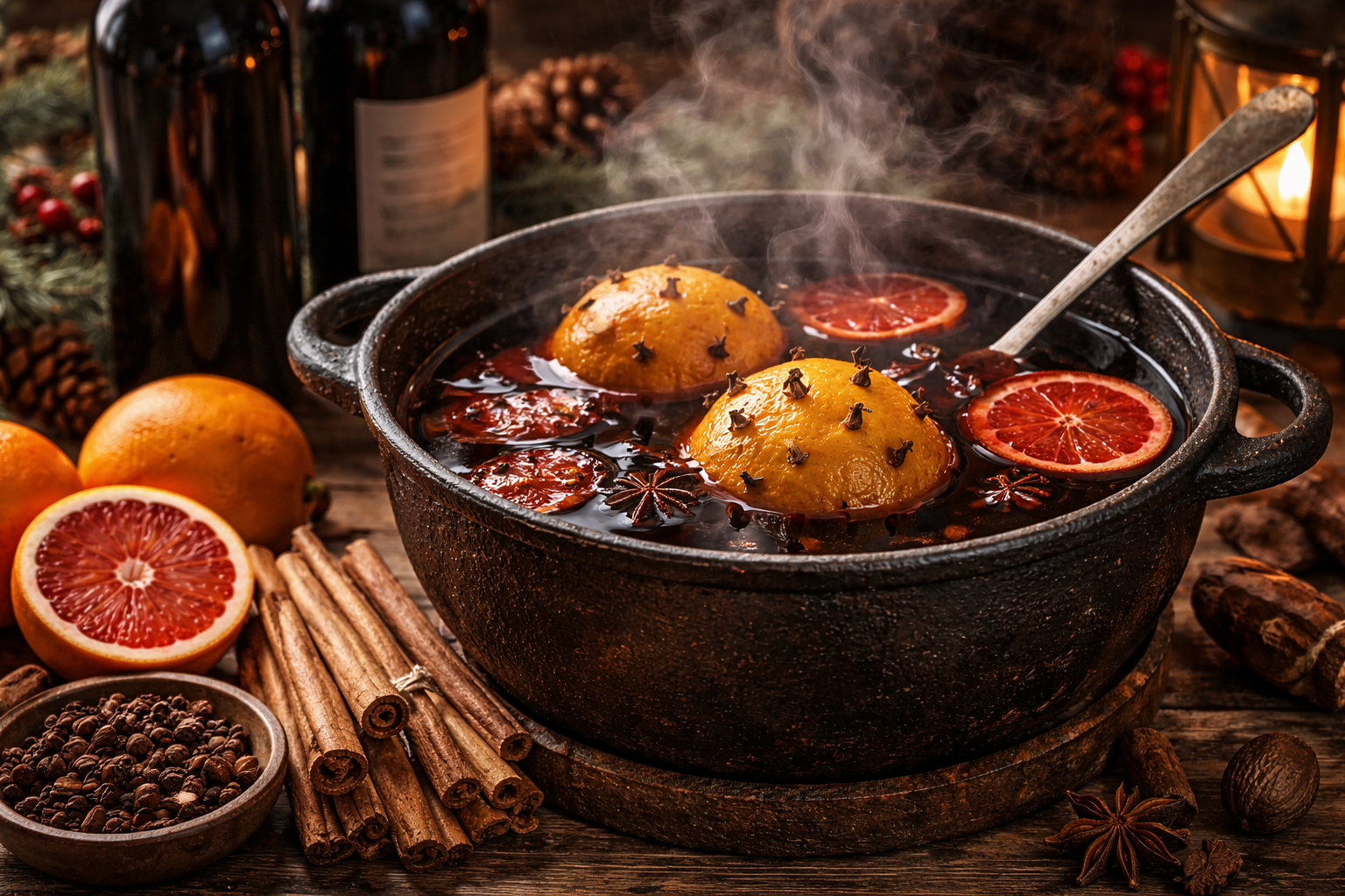 Roasted oranges studded with cloves over a pot of steaming Smoking Bishop